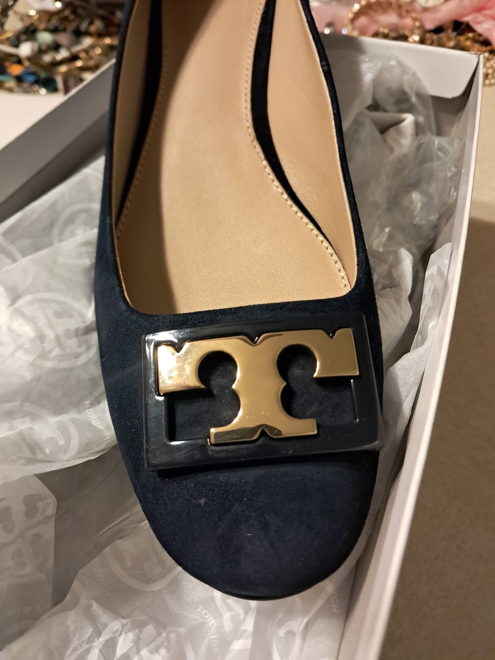 Tory Burch Navy Suede Flat with Gold Logo Plaque